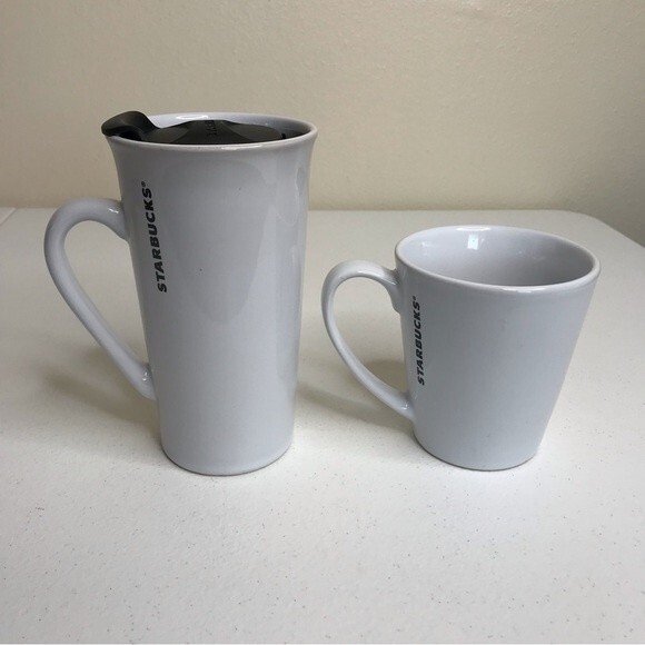 Starbucks Pair Mermaid Siren Logo Ceramic Coffee Cups 12 Oz Lid Travel 11 Oz Mug - Picture 2 of 11